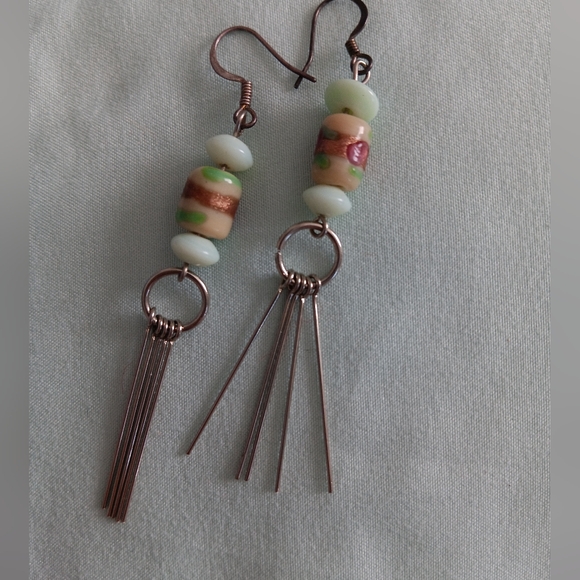 Handmade~Metallic Tan Pale Blue Beaded Silver Dangle Earrings NWOT - Picture 4 of 11